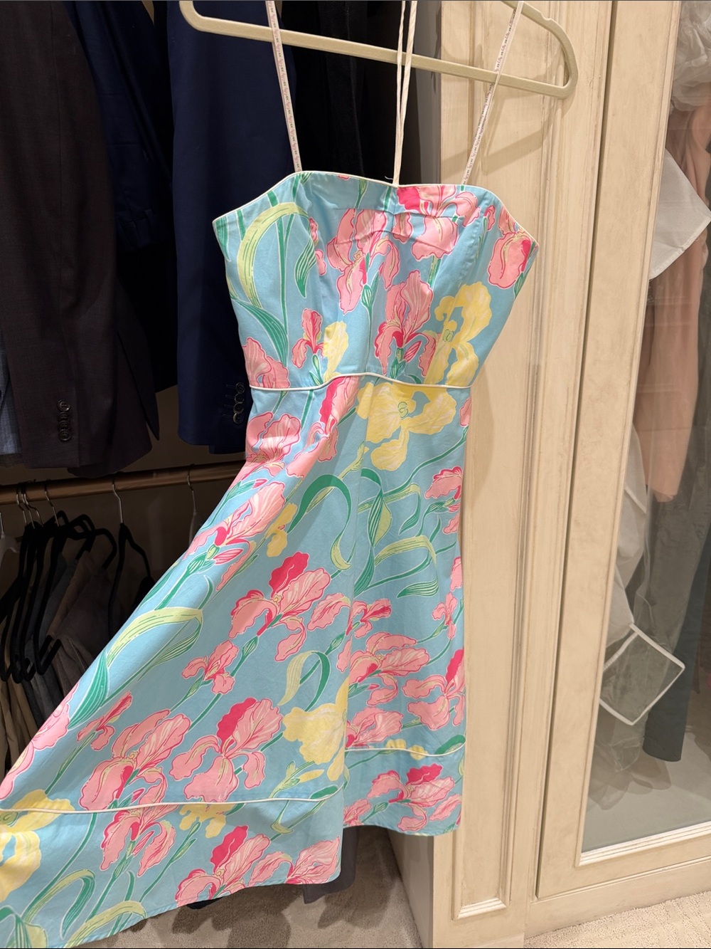 Lilly Pulitzer Strapless Floral Fit-and-Flare Dress in Sky Blue, Pink, Yellow